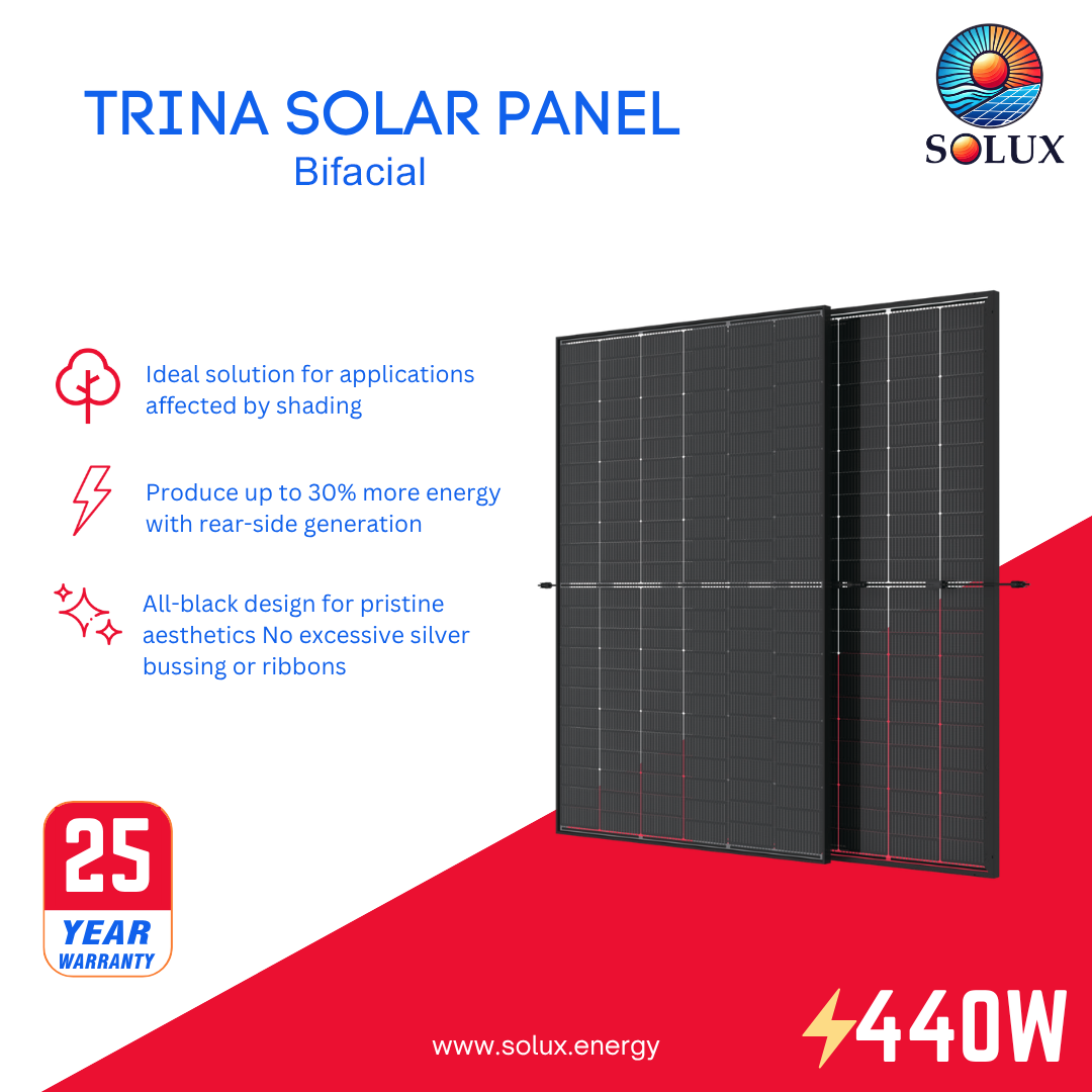 This is an image of Trina Vertex S+ Solar 440Watt Third-Cut Cell All Black Bifacial Solar Panel